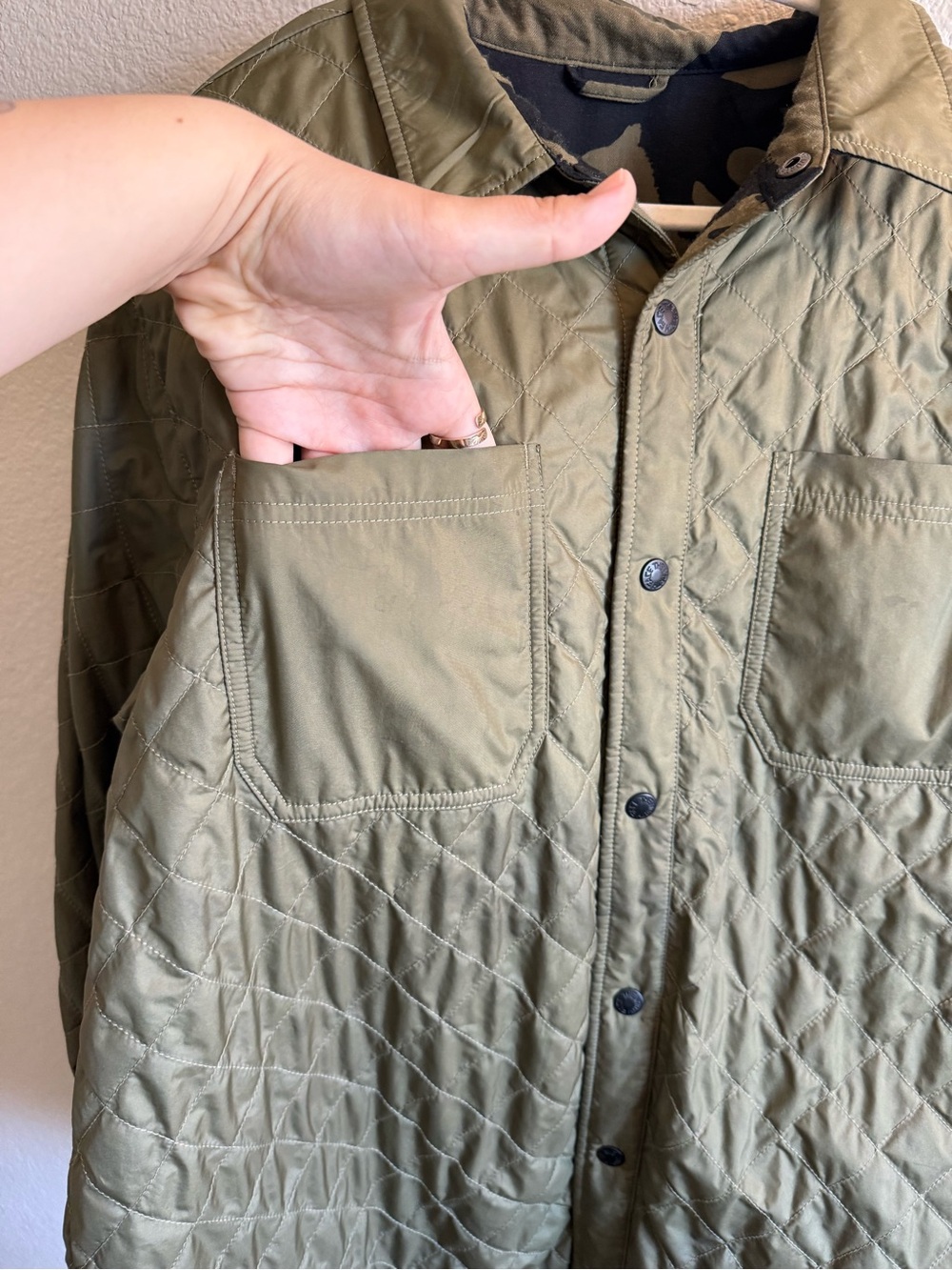 The North Face Men’s Quilted Olive Green Reversible Button Snap Jacket XL - Picture 4 of 12